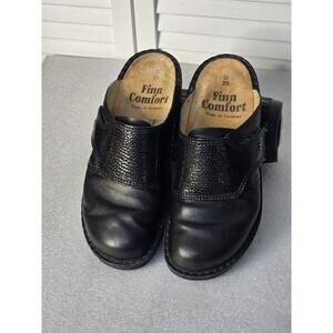 FINN COMFORT AUSSIE BLACK LEATHER CLOGS MULES LOAFERS SHOES WOMENS SZ 7 EU 38 D